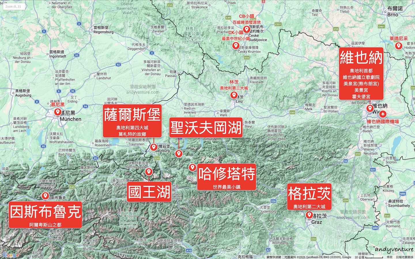 奧地利住宿地圖 奧地利住宿地圖