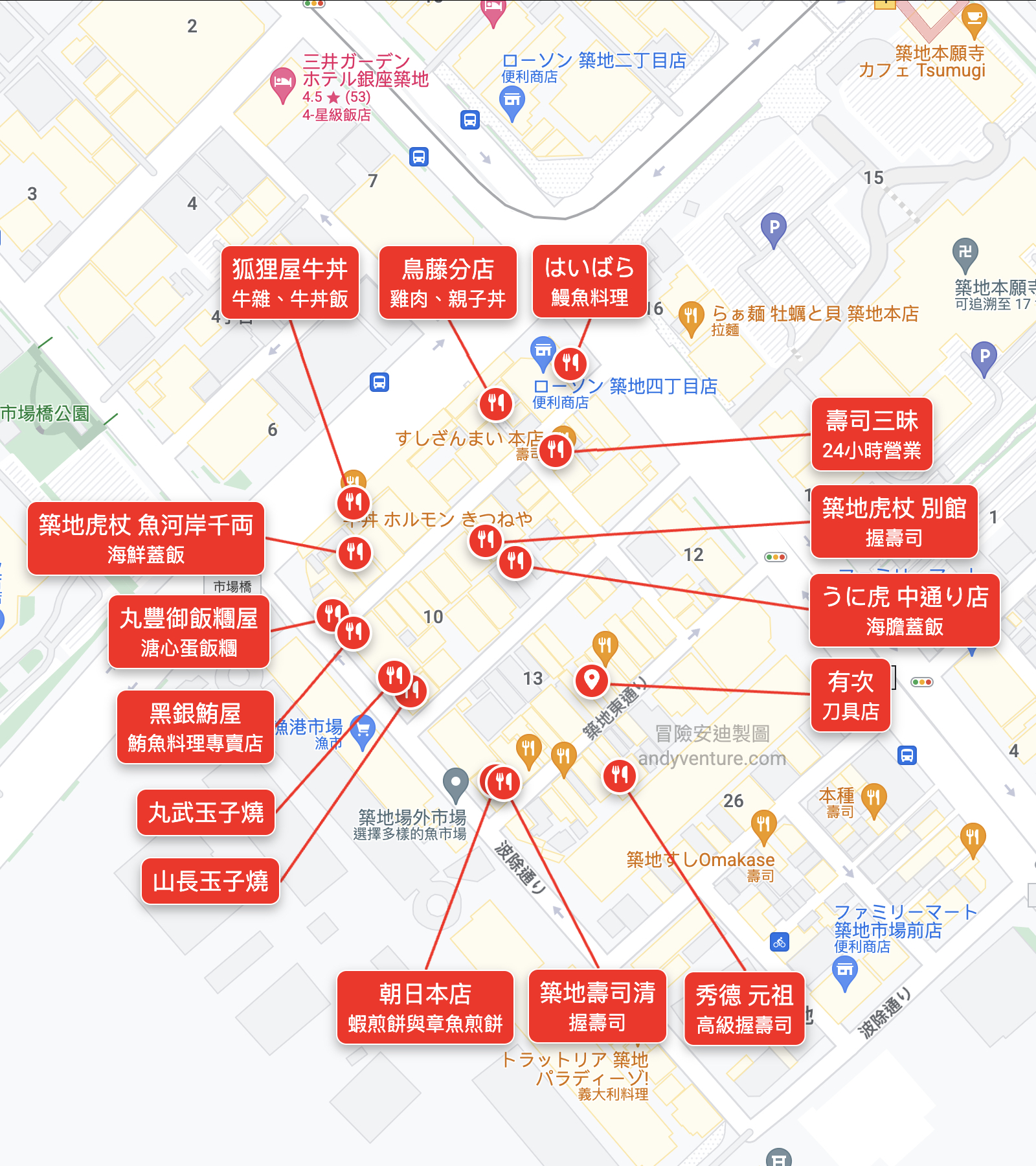 築地場外市場Google Map位置 築地市場美食地圖
